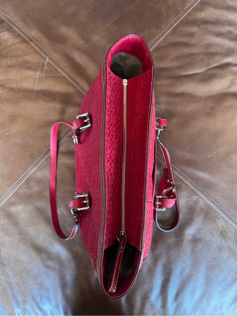Coach Red Signature Tote with Leather Accents - Picture 2 of 5